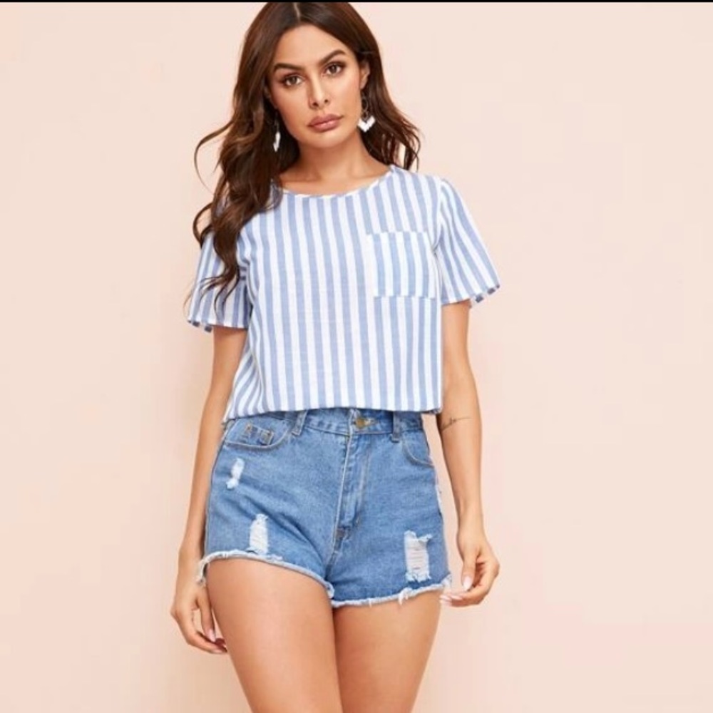 46. NEW| SHEIN Women’s Striped Nautical Back Button Blouse - Picture 3 of 5